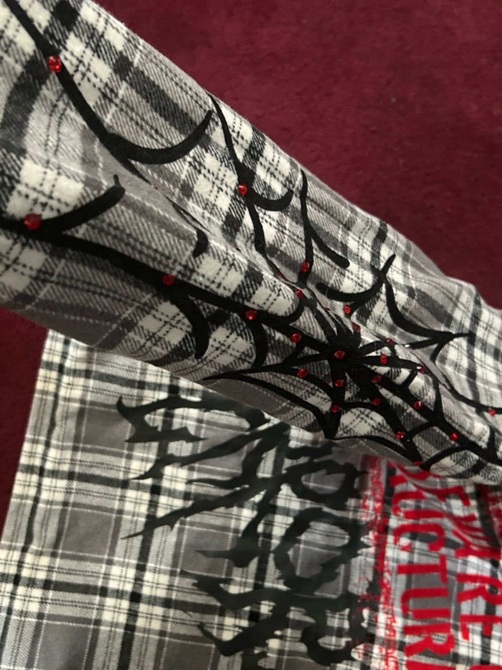 FIRST ROW-Gray Plaid Hooded Jacket with Graphic Patches NWT 🔥 - Picture 7 of 7